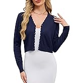 EeYu Womens Cropped Cardigan Long Sleeve Button V Neck Cardigans Sweater Ribbed Hem Scalloped Shrug