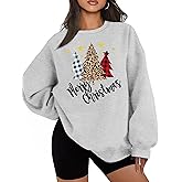 Christmas Sweatshirts for Women Merry Christmas Plaid Pullover Sweatshirts Holiday Vacation Graphic Tees Tops