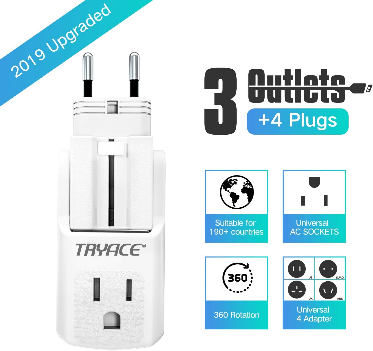 TryAce Travel Adapter, All in One Universal Travel Adaptor Wall AC Power Plug Adapter Wall Charger with 3 Outlets&4 Plugs(EU/UK/AU/US) for 190+Countries (White)