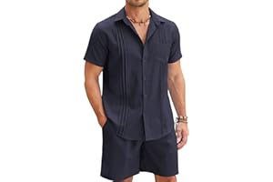 COOFANDY Men Linen Sets Outfits 2 Piece Short Sleeve Cuban Shirts Guayabera Linen Suit