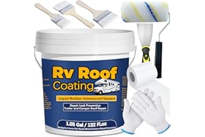 Qiveaory 1.05Gal/132Fl.oz Liquid Rubber Rv Roof Coating White Waterproof Sealant Camper Roof Repair Solar Reflective Sealant with Wooden Brush Putty Knife Work Gloves Paint Roller Drywall Repair Tape
