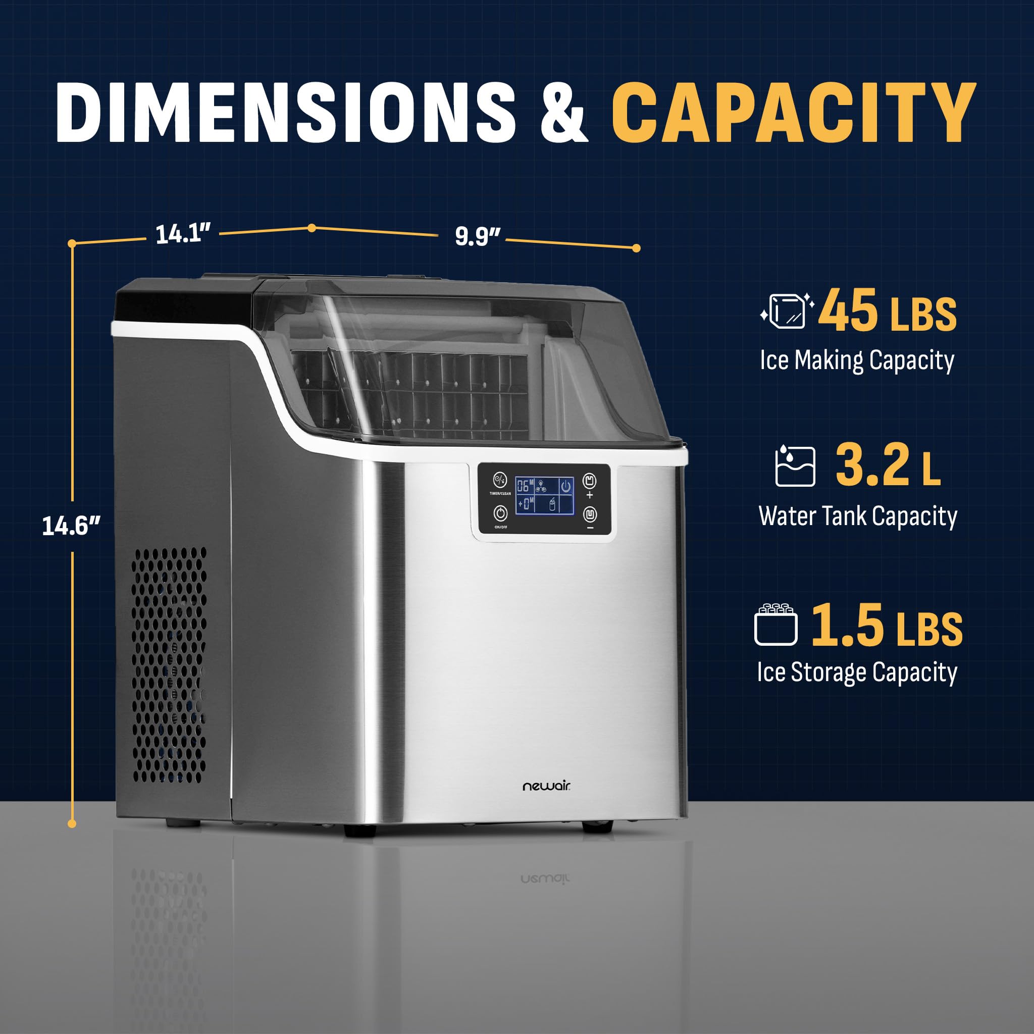 Newair Countertop Clear Ice Maker, 45lbs/Day Ice Cube Machine, Self-Cleaning Function and Custom Ice Thickness, Portable Ice Maker, 24H Timer, Ideal for Home Office and Outdoor Bar, Stainless Steel
