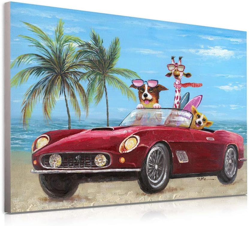 Sandy Beach Decor Bathroom Wall Art - Blue Seascape Tropical Palm Funny Animal Corgi Dog & Giraffe Driving Car with Cool Glasses Picture Ocean Decoration Modern Painting Canvas Print 16