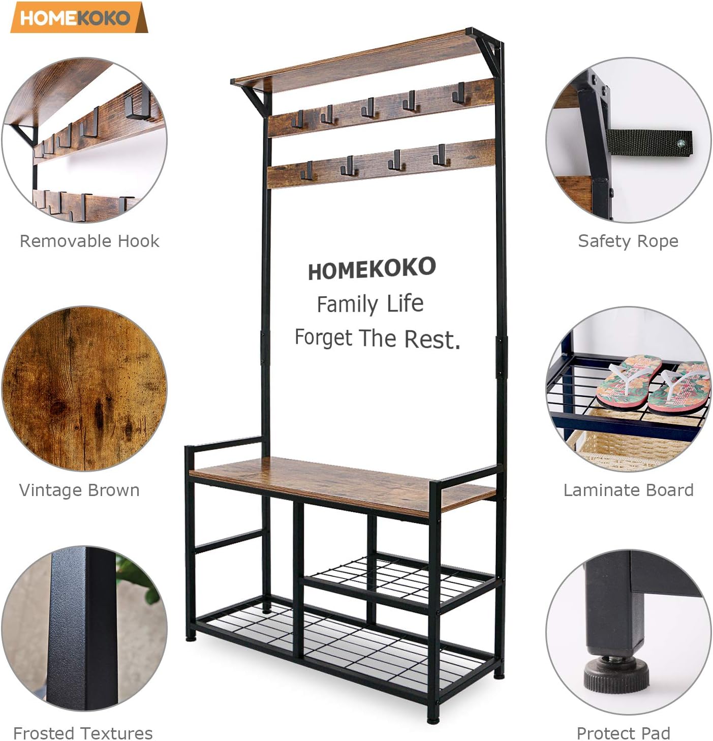 HOMEKOKO Coat Rack Shoe Bench, Hall Tree Entryway Storage Bench, Wood Look Accent Furniture with Metal Frame, 3-in-1 Design (Rustic Brown): Home & Kitchen
