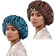 Satin Bonnet Silk Bonnet Hair Bonnet for Sleeping-Slouchy Beanie Hat Satin Sleep Cap for Women's Natural & Curly Hair(Blue Zircon&Brown)