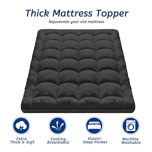 QUEEN SIZE MATTRESS TOPPER FOR BACK PAIN, COOLING EXTRA THICK MATTRESS PAD COVER WITH 8-21 INCH DEEP POCKET, PLUSH PILLOW TOP MATTRESS TOPPER OVERFILLED WITH DOWN ALTERNATIVE, QUEEN SIZE, BLACK