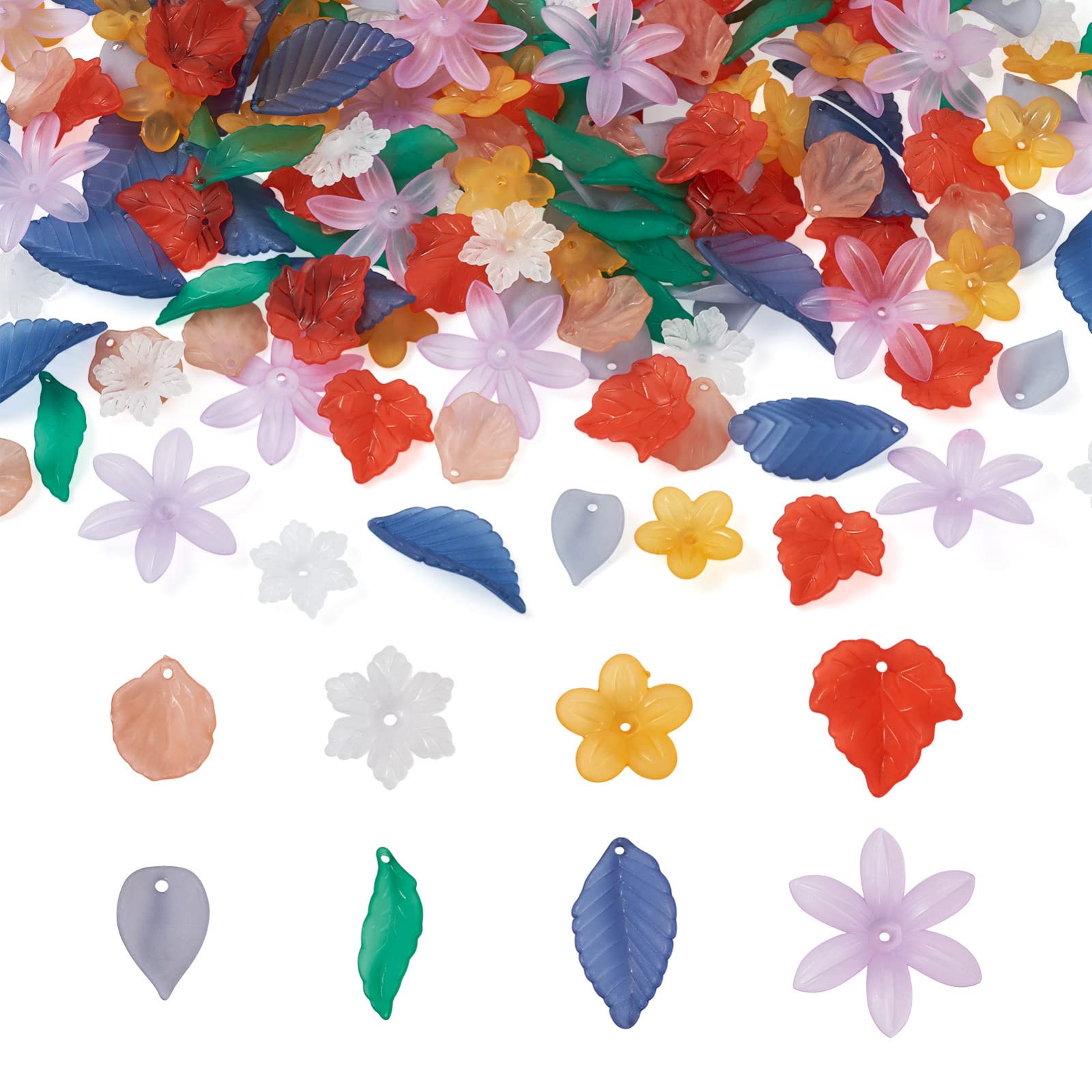 Beadthoven 240pcs Acrylic Resin Flower Leaf Bead Caps Transparent Frosted Drilled Autumn Maple Leaf Floral Pendants for Necklace Earring Jewelry Making(8 Styles) — image 1