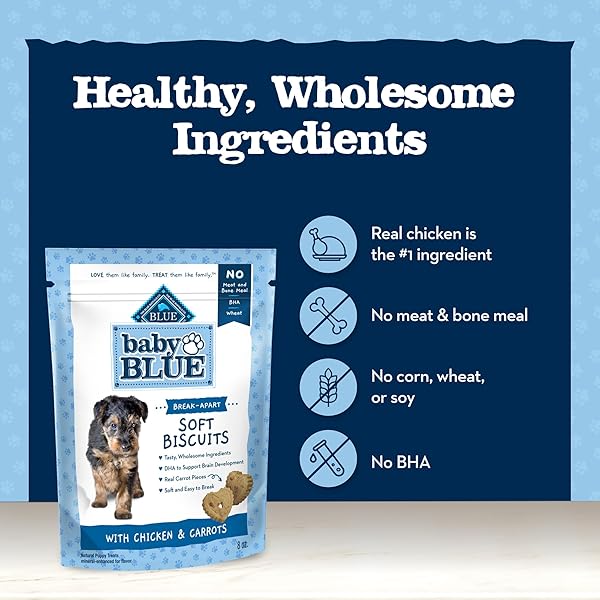 BLUE BUFFALO BABY BLUE SOFT BISCUITS WITH DHA, NATURAL DOG TREATS FOR PUPPIES, GREAT FOR TRAINING, WITH CHICKEN & CARROTS, 8-OZ BAG