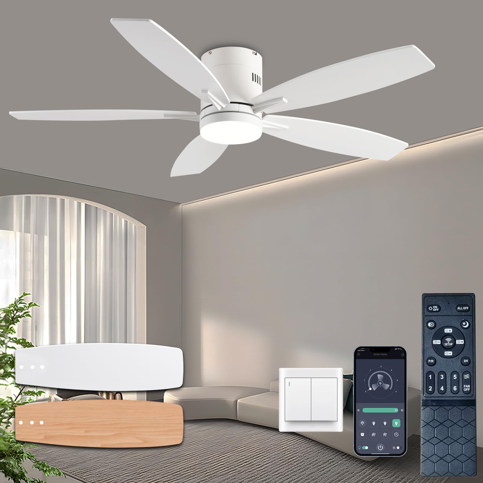 Photo 1 of KNUN 52 Inch Low Profile Ceiling Fan with Light and Remote/App Control,Ceiling Fans with Lights, 3CCT,Dimmable,Noiseless,Flush Mount,White Ceiling Fan for Indoor/Outdoor Use