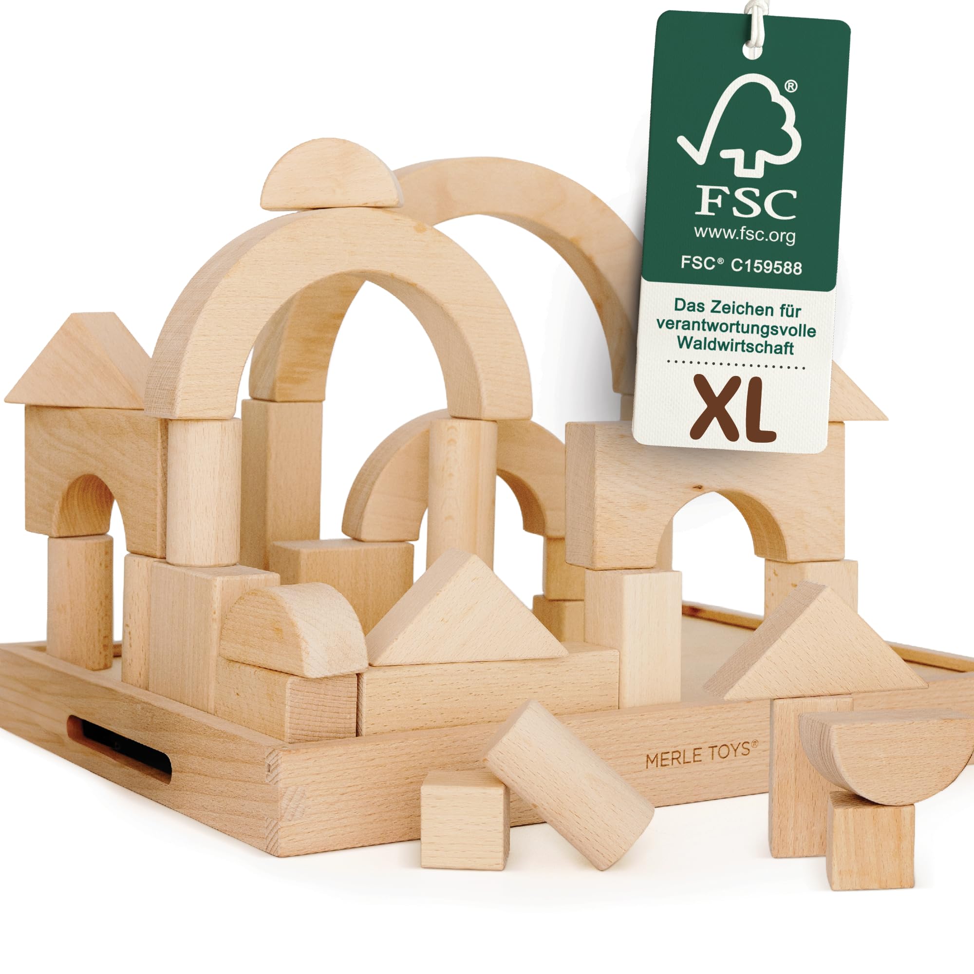 Merle Toys® Premium Wooden Building Blocks for Kids – Large Wooden Blocks for Creative Play, Plain Wooden Blocks for Kids, Rounded Edges for Safe Play, 100% FSC-Certified Wood, Ages 2+, Rainbow Set