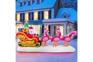 BLOWOUT FUN 10ft Long Inflatable Christmas Flamingo Pull The Sleigh Take Santa Claus Xmas Decoration, LED Blow Up Lighted Decor Indoor Outdoor Holiday Art Decor Decorations