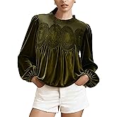 Slihlound Velvet Tops for Women Lace Trim Long Sleeve Blouse Elegant Flared Crew Neck Loose Fit Ruffle Flowy Babydoll Shirts
