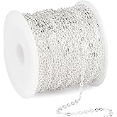 33 Feet Silver Cable Chains Roll, 2MM Silver Plated Brass Flat Cable Link Chain Spool Bulk for Jewelry Making DIY Craft