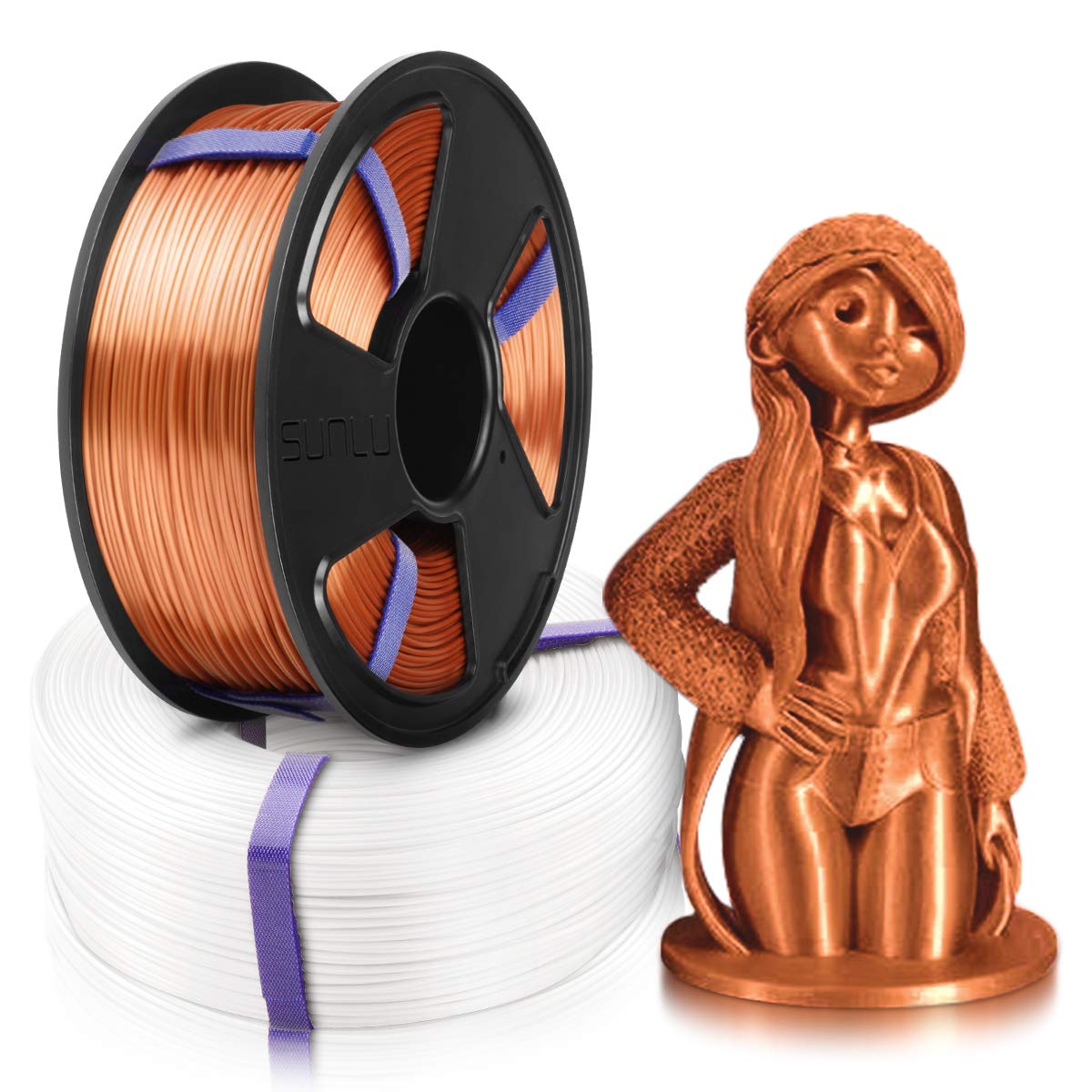 3D Drucker Seide PLA Filament 1,75, SUNLU 2 Farben Seide PLA 1,75 mm MasterSpool, Fit FDM 3D Drucker, 1 kg Spule, 2er Pack, Maßgenauigkeit +/- 0,02 mm, Seide PLA Rot Kupfer + Weiß
