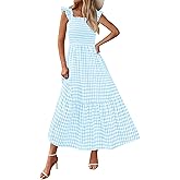 PRETTYGARDEN Womens Summer Dress Casual Square Neck Ruffle Strap Gingham Smocked Midi Flowy A Line Beach Vacation Sun Dresses