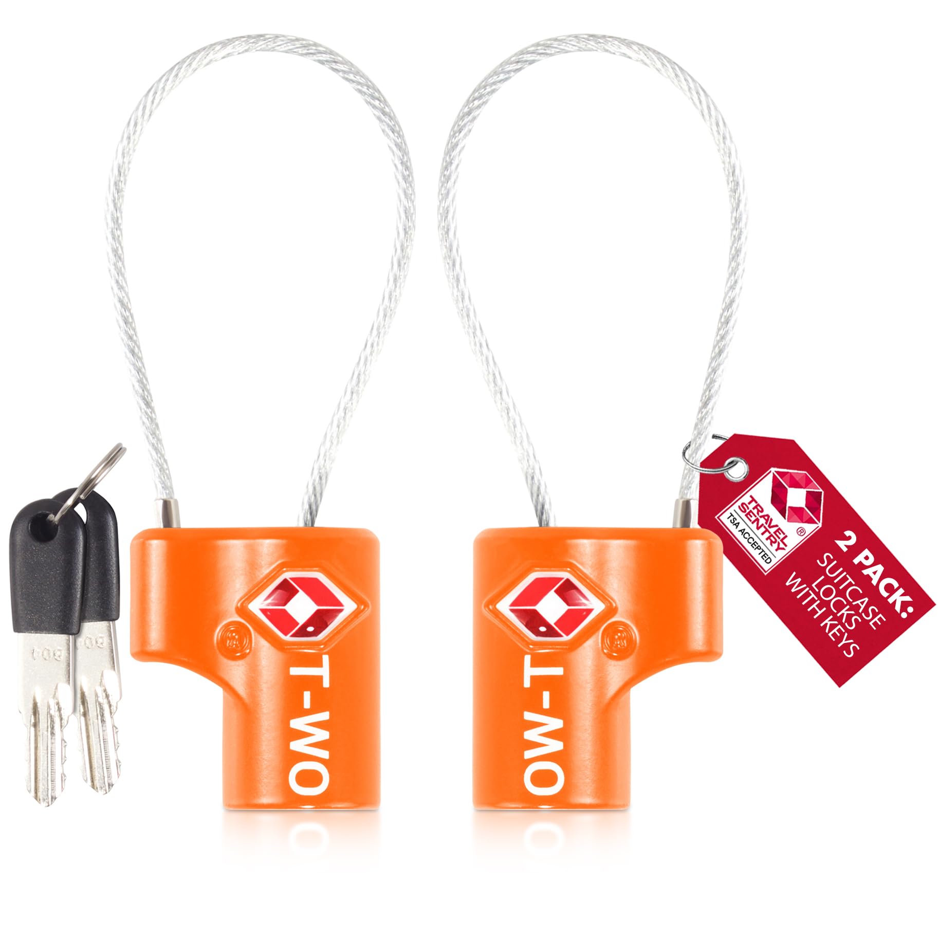 OW-Travel TSA Approved Luggage Locks Suitcase Locks (2 Pack) Cable Padlock with Keys Made from Heavy Duty Zinc Alloy for Suitcase, Zipper, Luggage, Bag, Case, Backpack, Gym Locker, Tool Box (Orange)