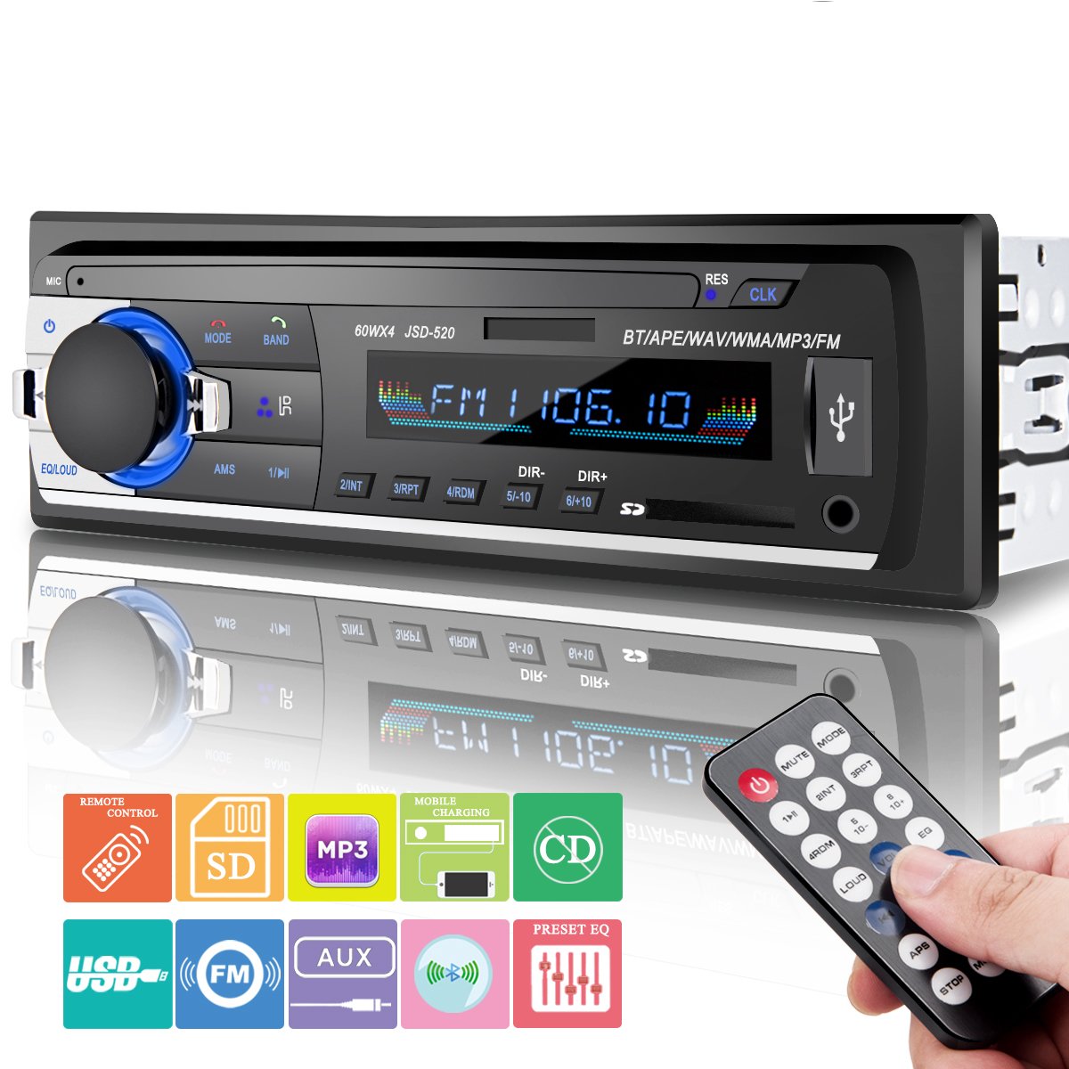 Car Stereo Player with Bluetooth, Huicocy Single-Din Version, USB / SD / MMC AUX/ Remote Control Digital Media Receivers Audio Receiver/MP3/WMA Player/FM Radio