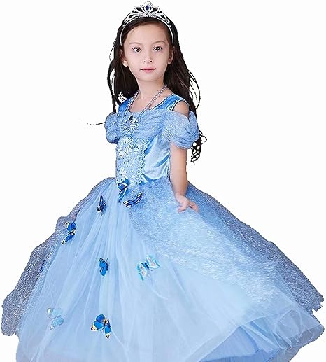 Amazon Hellogo プリンセスドレス コスプレ シンデレラドレス ロングドレス コスチューム 5点セット 仮装 お姫様 なりきり ワンピース クリスマス プレゼント ギフト イベント パーティー 誕生日 発表会 結婚式 演奏会 お遊戯会 ドレス 蝶々飾り ネックレス ティアラ