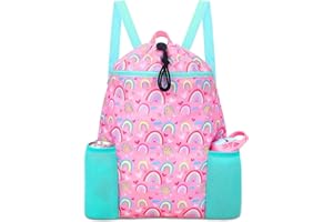 RHCPFOVR Rainbow Drawstring Backpack for Kids - Drawstring Bags for Girls Swim Bag for Beach Swimming Pool Lightweight Draw String Bags Waterproof Sports Gym Bag With Two Water Bottle Holder