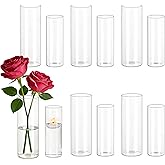Hewory Glass Cylinder Vases for Centerpieces: 7“+6" Tall 12Pcs Clear Small Bud Vases for Flowers Wedding Party Table Decoration - Skinny Hurricane Candle Holders for Floating Candles