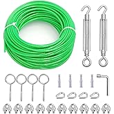 hannger Turnbuckles for Cables Wires, 3/16" X 50Ft Green PVC Coated Cable Kit, Multi-use Wire Rope for Clothesline Wire for T Post/Grape Vine/String Light Hanging Kit