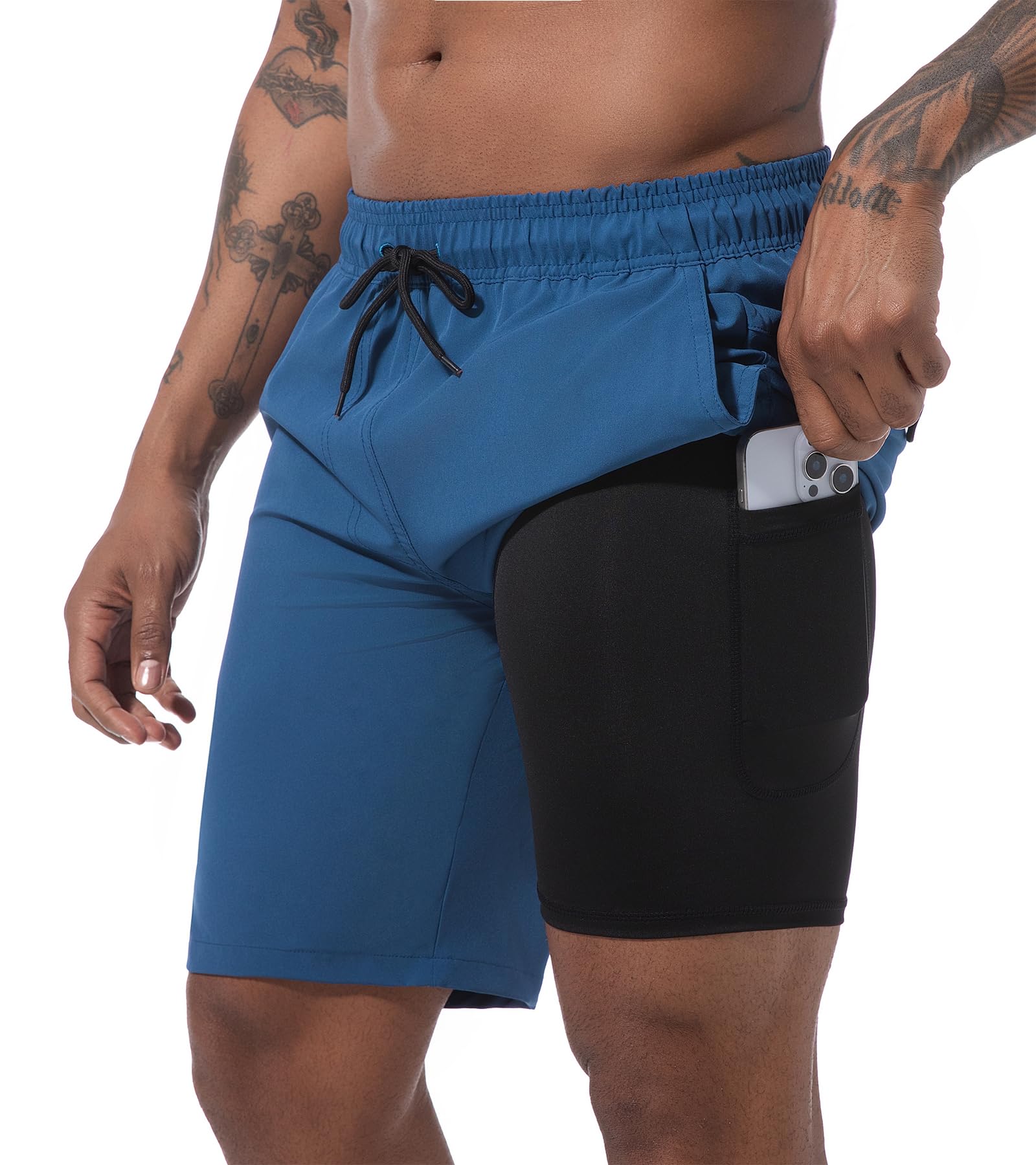 difficort Mens Swim Trunks 9" Quick Dry Bathing Suit Board Shorts with Compression Liner and Zipper Pocket,Navy Blue,2X-Large Image