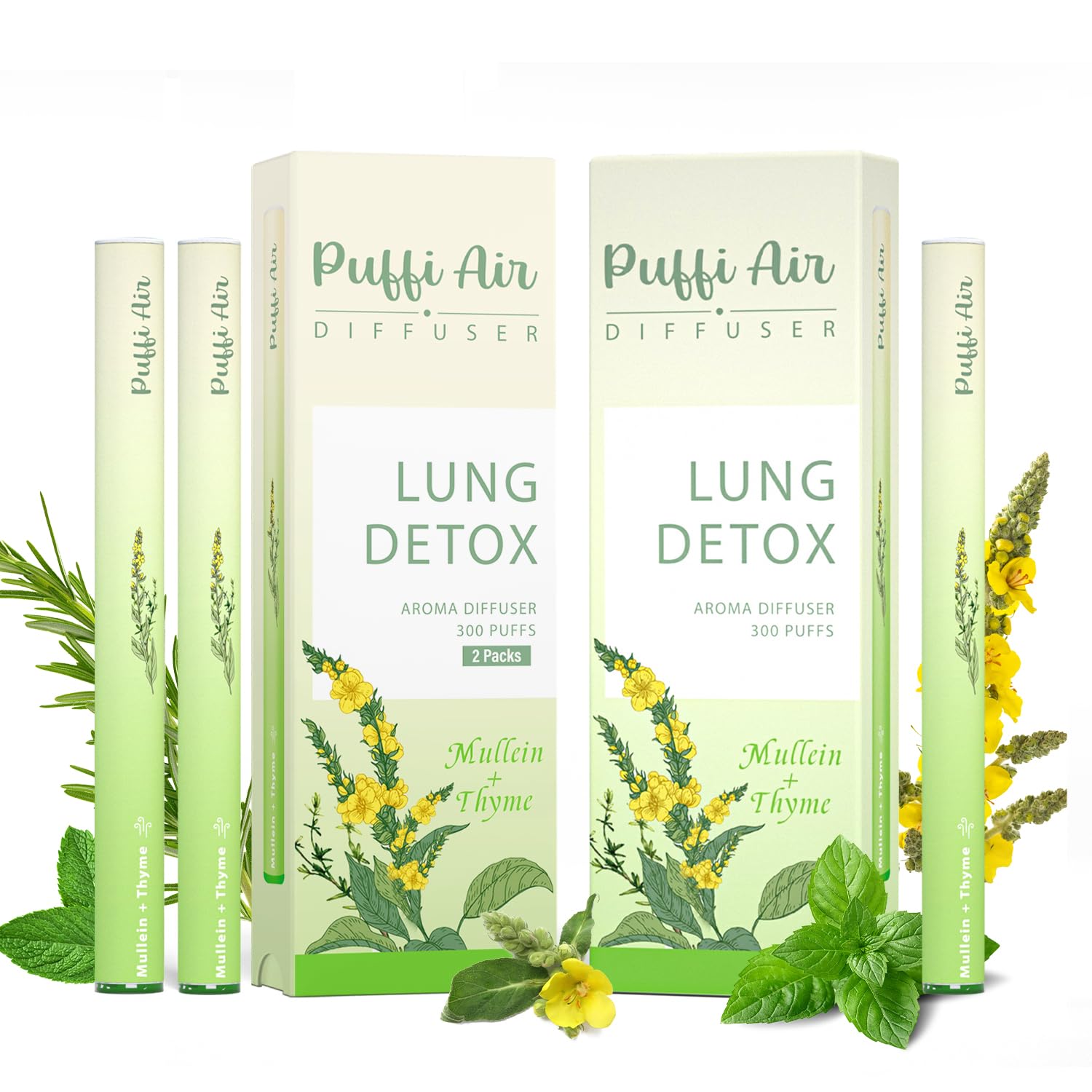 PUFFIAIR 3PC Herbal Diffuser Pen, 10cm Lung Cleanse Diffuser, Mullein Flavoured Air Inhaler, No Nicotine Inhaler with Mullein, Thyme & Mint Extracts, Green 900 Uses