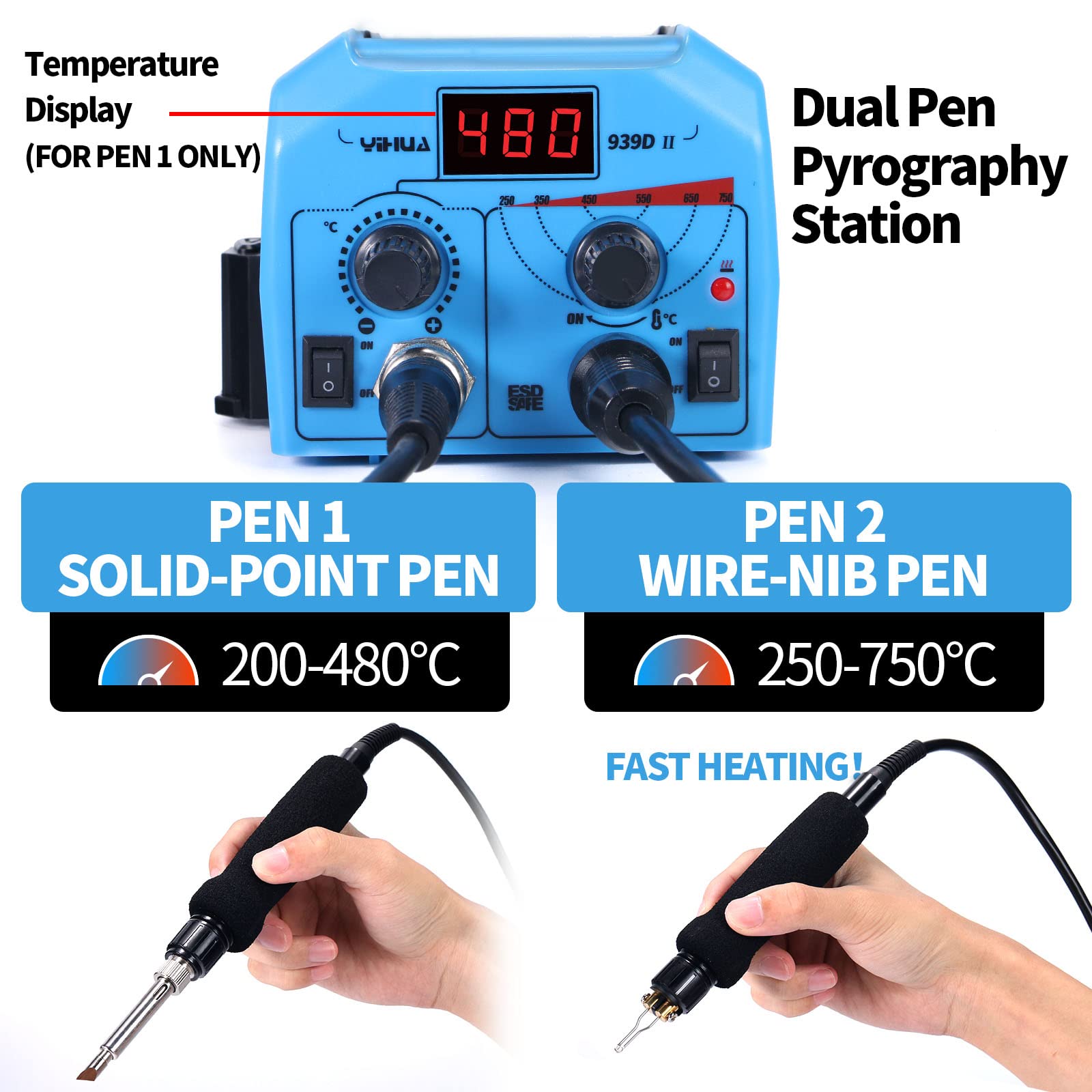 YIHUA 939D-II Pyrography Pen Wood Burning Kit Station 2-in-1 Solid-Point 200~480°C (with Temp Display)/Wire-Nib 250~750°C with 20 Nibs, Solid Points, 1 Stable Pen Holder, 2 Scrap Wood (Blue)