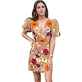 3D Floral Embroidery Homecoming Dresses Puffy Sleeve V Neck Tight Mini Prom Dress Party Cocktail Gowns