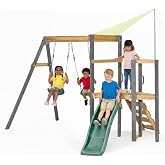 Plum Barbary Wooden Toddler Swing Sets for Backyard with Wave Slide, Playground Sets for Backyards, Kids Outdoor Play Equipment with Adjustable Swings, Climbing Ladder, Sturdy, Weatherproof, Age 3+yrs