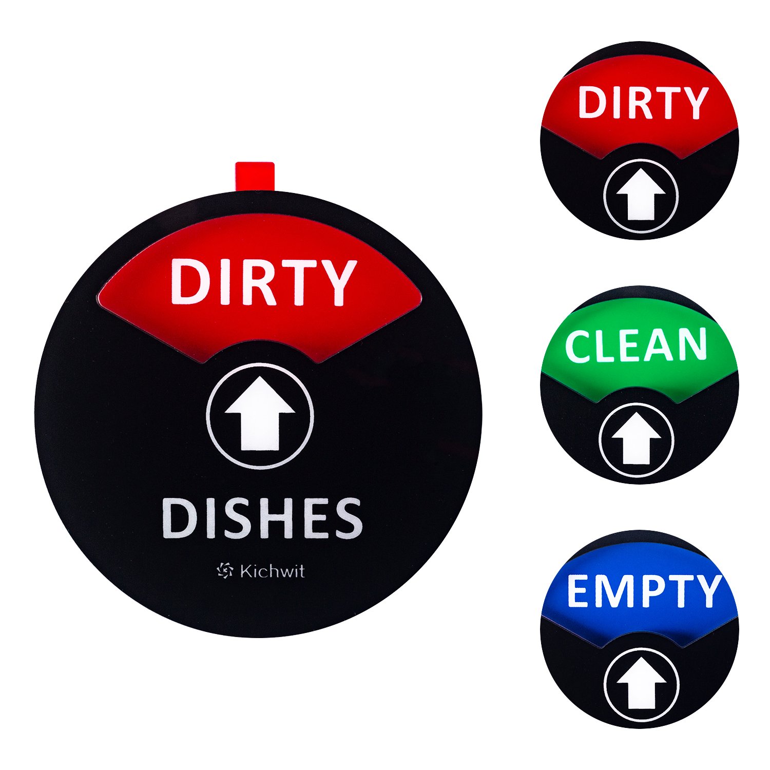 Kichwit Clean Dirty Dishwasher Magnet with The 3rd Option “Empty”, Non-Scratch Strong Magnet Backing, Residue Free Adhesive Included, 3.5” Diameter, Black