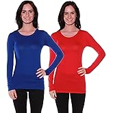 Active Basic Athletic Fitted Plain Long Sleeves Round Crew Neck T Shirt Top - Red/Royal - Large