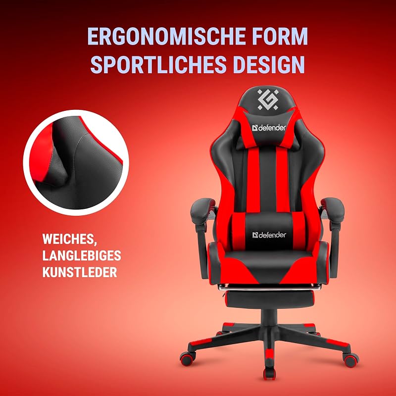 Rock Gaming Chair – Poltrona ergonómica com apoio para os pés – Pele sintética – encosto a 135° – Edição Comfort – Até 120 kg – Preto Vermelho