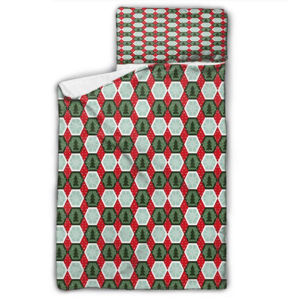 Geometric Daycare Sleeping Bag Hexagon Shapes with Snowflake and Pine Tree Design Winter Themed Reseda and Hunter Green Red for Preschool, Daycare, Kindergarten 43X21 INCH