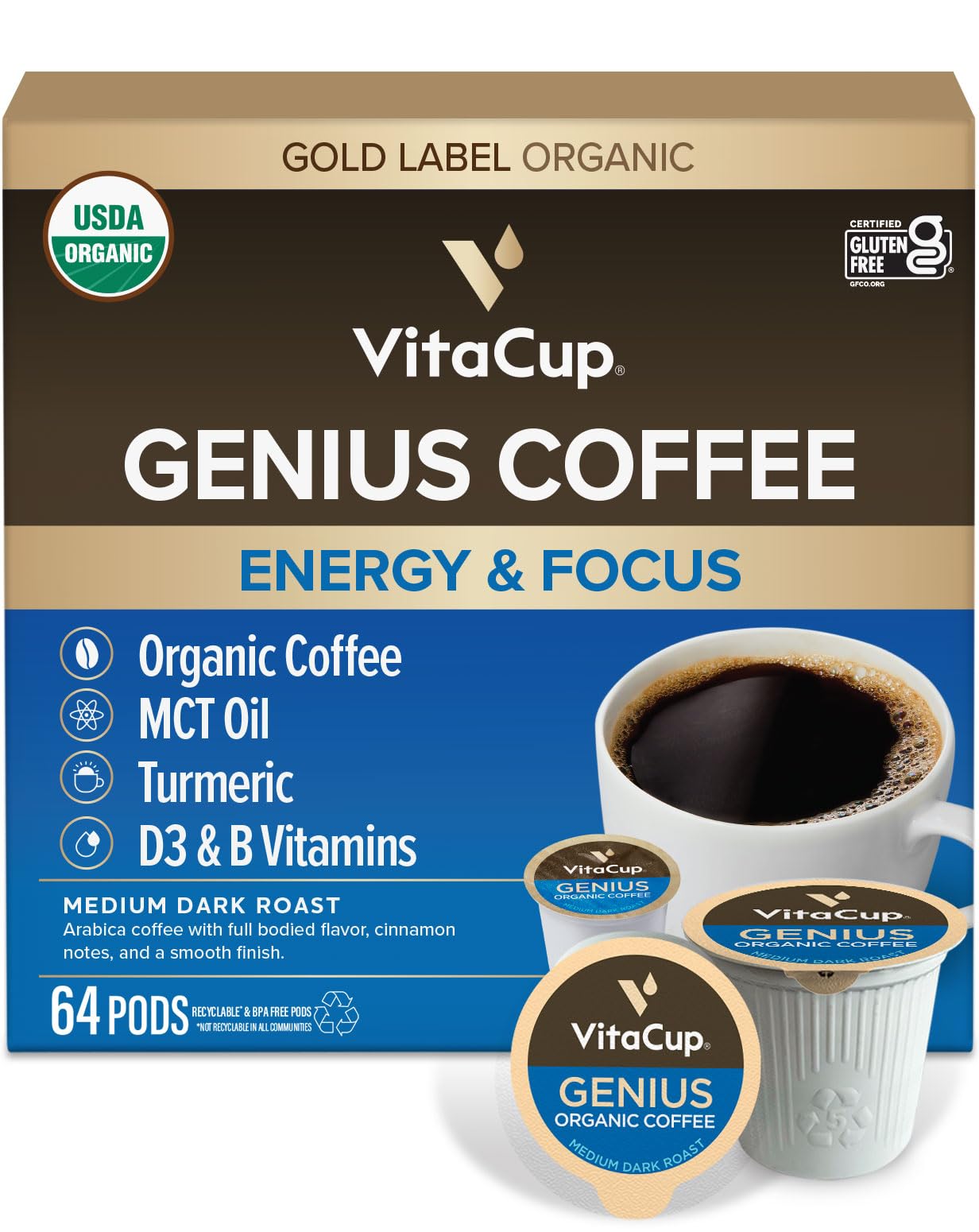 VitaCup Organic Genius Keto Coffee Pods, Increase Energy & Focus w/MCT Oil, Turmeric, B Vitamins, D3, Medium Dark Roast, Bold, Smooth, Single Serve Pod Compatible w/Keurig K-Cup Brewers,64 Ct Image