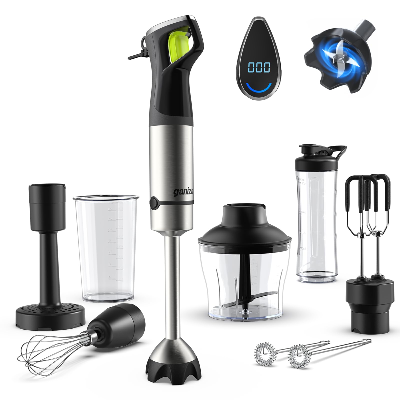 Photo 1 of Ganiza Immersion Blender, Max 1200W Heavy Duty Hand Blender with Time Display & Variable Speed Trigger, 9-in-1 Electric Handheld Mixer with Chopper Whisk Frother Beaker Ideal for Soup Puree Smoothies