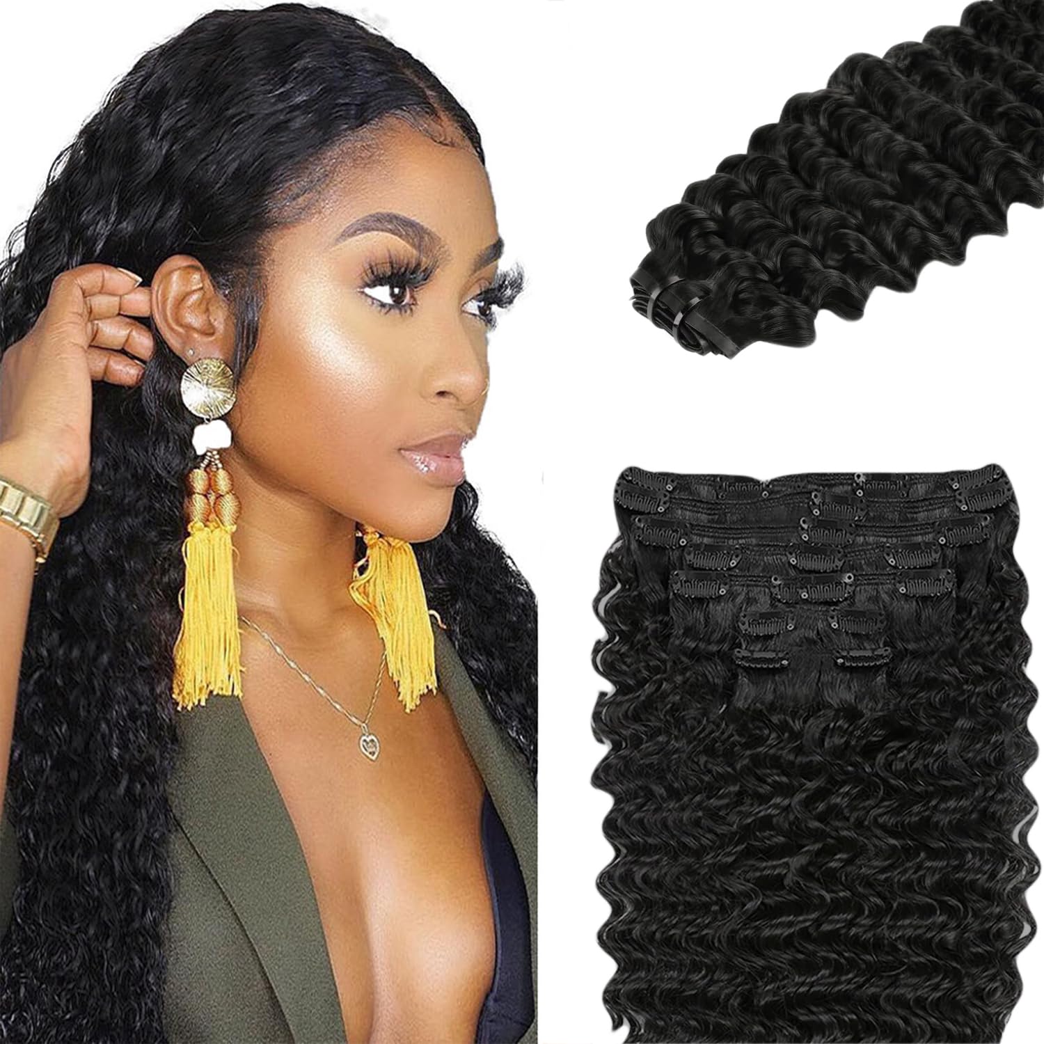 Photo 1 of 1B Deep Wave Clip in Hair Extensions - 24 Inch Natural Black Human Hair, 120g 7pcs,#1B Natural Black Deep Curly Clip ins for Women