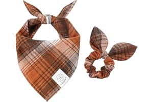 E-Clover Fall Dog Bandana & Matching Scrunchie-Christmas Dog Bandana Triangle Plaid Pet Scarf Bib for Medium Large Dogs Girl Boy Owner Gift