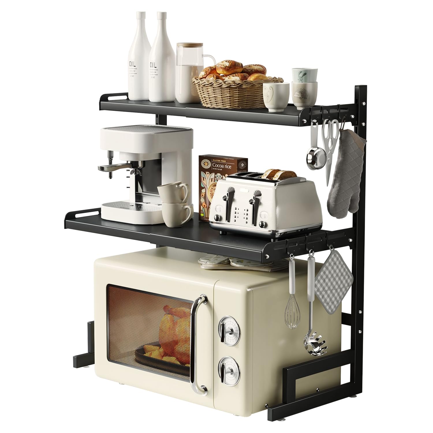 Photo 1 of **MINOR DAMAGE*
Expandable And Height Adjustable Microwave Oven Rack, 3-Tier Shelf Heavy Duty Stand Countertop Kitchen Utensils Tableware Storage,Seasoning/Toaster/Rice Cooker Rack with 6 Hooks (Black, 3 tiers)