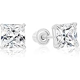 14k White Gold Solitaire Square Princess-cut CZ Stud Earrings with Secure Screw-backs