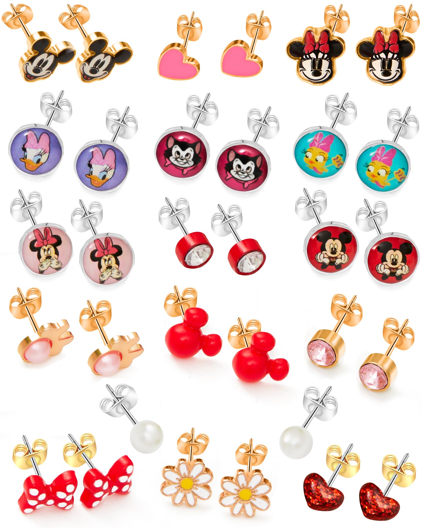 Disney Mickey, Minnie Mouse & Friends Stud Earrings Pack 16 Pairs Officially Licensed, Valentines Earrings