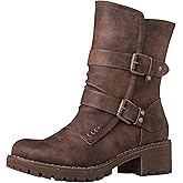 GLOBALWIN Lace up Mid Calf Motorcycle Fashion Festival Boots Combat Riding Military Boots for Women