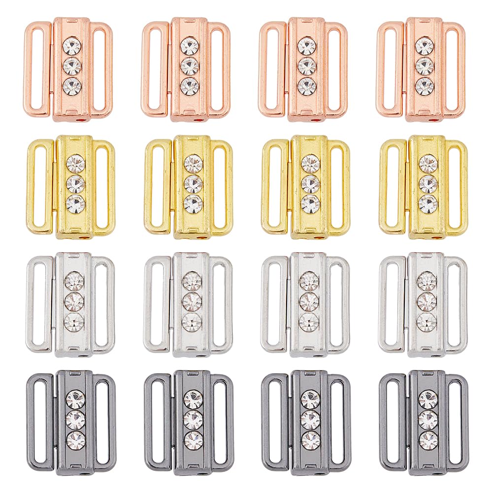 SUPERFINDINGS 16Pcs 4 Colors Bra Clasp Replacement Part 13x15mm Alloy Rhinestone Bikini Clips Bra Buckle Closing Hook Closure Mixed Color Bra Safe Lock Front Closing for Bra Making Lingerie Sewing