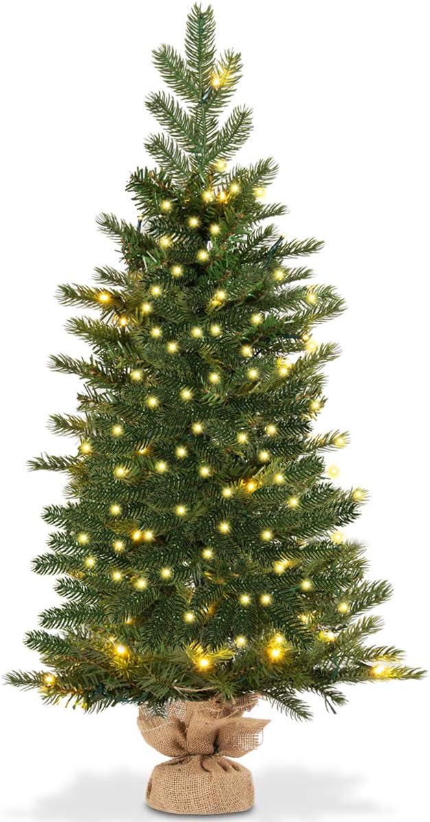 Trees - Goplus 3ft Prelit Christmas Tree, Battery Operated Spruce Fir Tree with 50 LED Lights and Timer Function, 363 Tips Solid Cement Base Tabletop Decorations Full Tree