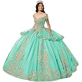 Uiykhr Glitter Gold Applique Quinceanera Dresses with Bow Off Shoulder Layered Quince Dress Crystal Tassel Sweet 16 Dresses