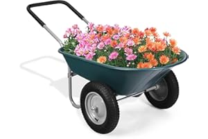 LDAILY Moccha 2-Tire Wheelbarrow, 330lbs Capacity Garden Wagon w/Two 13” Pneumatic Tires, Heavy Duty Yard Cart, Easy Loading and Dumping Garden Cart for Lawn Construction Sites, Utility Wheel Barrel (Green)