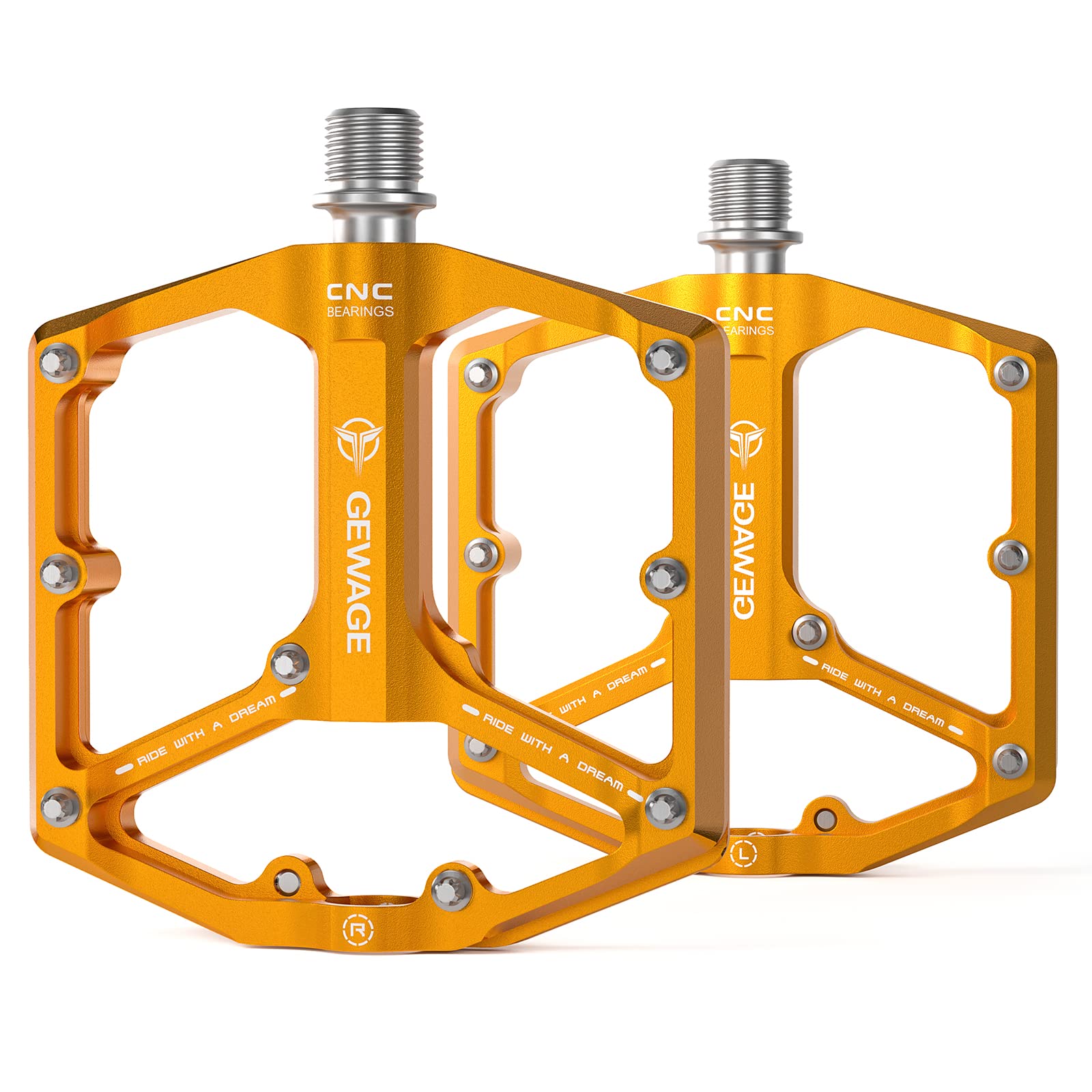 Photo 1 of Road/Mountain Bike Pedals - 3 Bearings Bicycle Pedals - 9/16” CNC Machined Flat Pedals with Removable Anti-Skid Nails (Gold)
