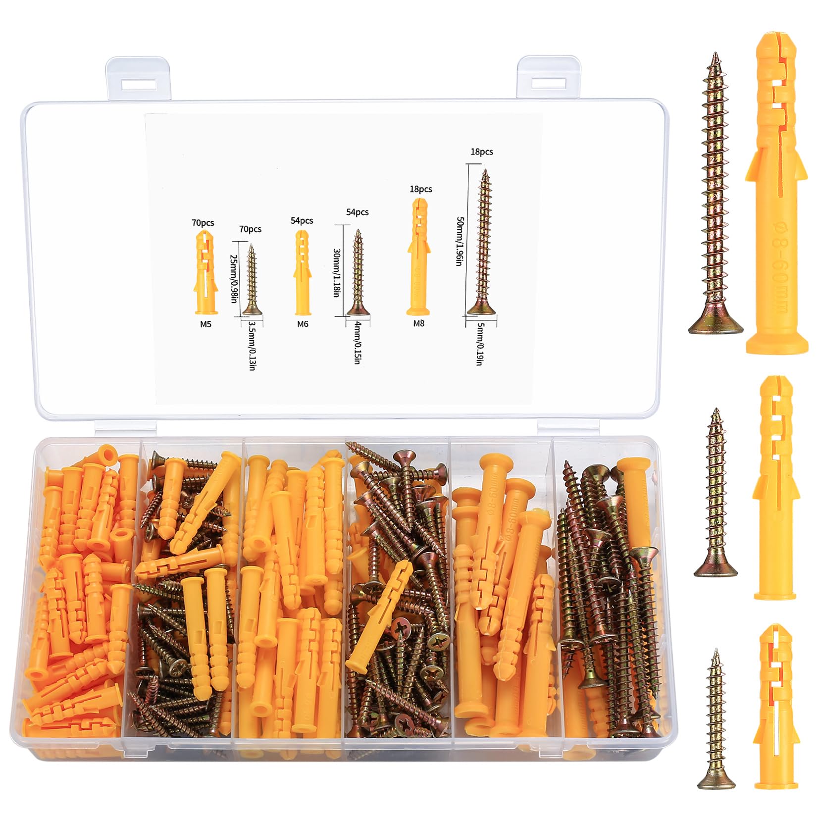 284 Pcs Assorted Chipboard Screw Nails and Wall Plugs Assortment, Fish Type Wall Plug Plasterboard Fixings, Countersunk Chipboard Screws, Wood Screws Anchors, M3.5/M4/M5/M6/M8(yellow)
