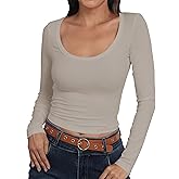 Roselux Womens Long Sleeve Scoop Neck Ribbed Knit Fitted Crop Top Casual Basic Shirts