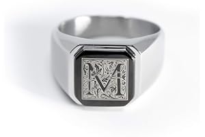 Tioneer Jewelry | Stainless Steel Letter Alphabet Initial Ring | Square Flat Top Ring for Men & Women | Stainless Steel Jewelry, (Black, Gold, Silver), Size 7-16